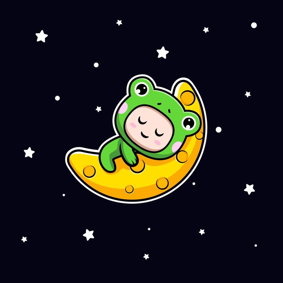diseño de niño lindo con traje de rana durmiendo en la luna vector