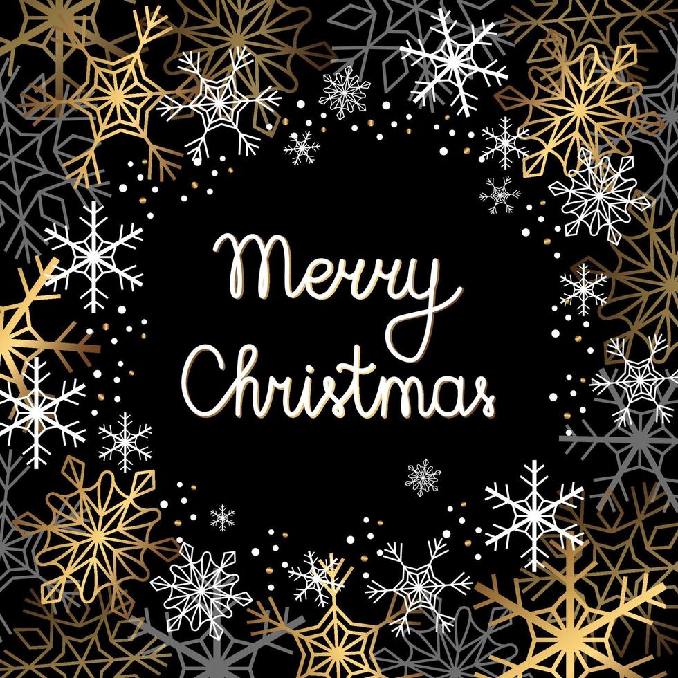 Vector round frame with snowflakes and dots. Merry Christmas hand drawn letters in the wreath. Isolated golden and white snowflakes arranged in a circle. Gold collection for winter decor