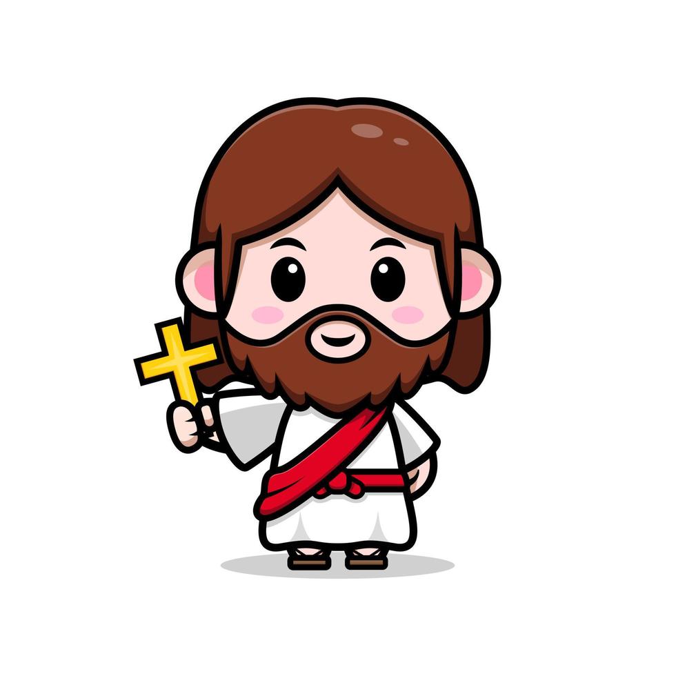 Lindo icono de dibujos animados de la mascota de Jesucristo. Ilustración de personaje de mascota kawaii para pegatina, póster, animación, libro para niños u otro producto digital e impreso vector