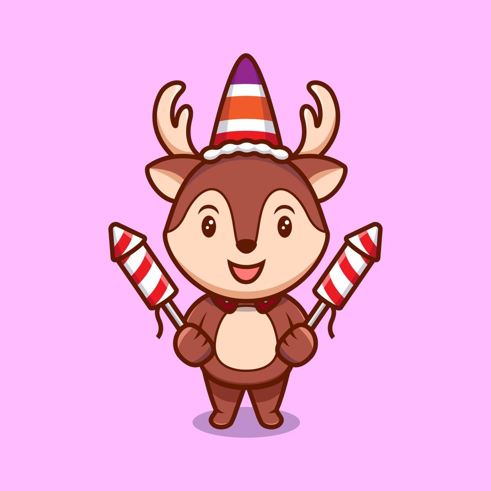 Cute Reindeer and Fireworks Mascot Cartoon Vector Illustration.