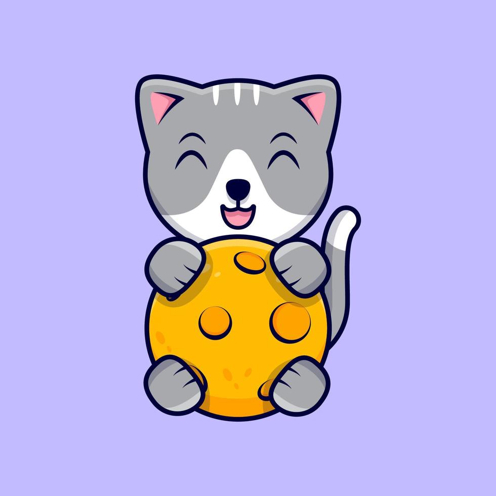 Cute Cat Hugging the Moon Cartoon Vector Icon Illustration. Flat Cartoon Style