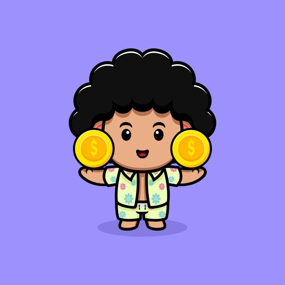 Lindo icono de dibujos animados de mascota de chico afro. Ilustración de personaje de mascota kawaii para pegatina, póster, animación, libro para niños u otro producto digital e impreso vector