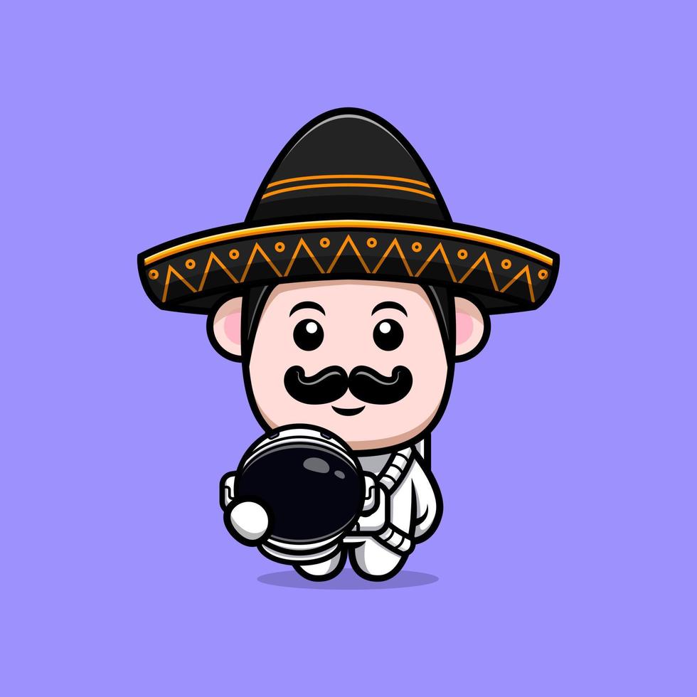 Lindo icono de dibujos animados de la mascota de mariachi mexicano. Ilustración de personaje de mascota kawaii para pegatina, póster, animación, libro para niños u otro producto digital e impreso vector