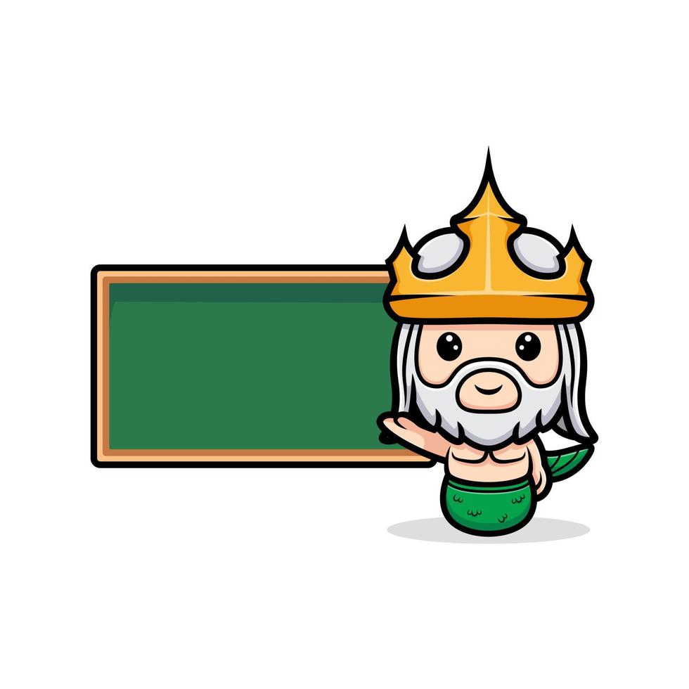 Cute neptune with green chalkboard, design of ocean king  mascot vector