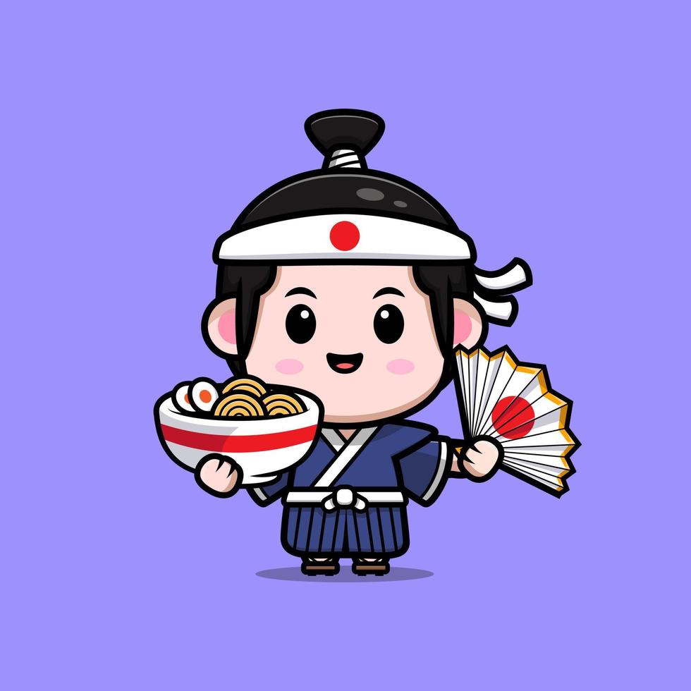 Lindo icono de dibujos animados de mascota de niño samurai. Ilustración de personaje de mascota kawaii para pegatina, póster, animación, libro para niños u otro producto digital e impreso vector