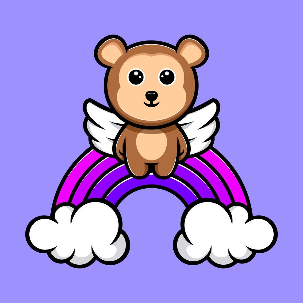 lindo ángel mono flotando con la mascota de dibujos animados del arco iris vector