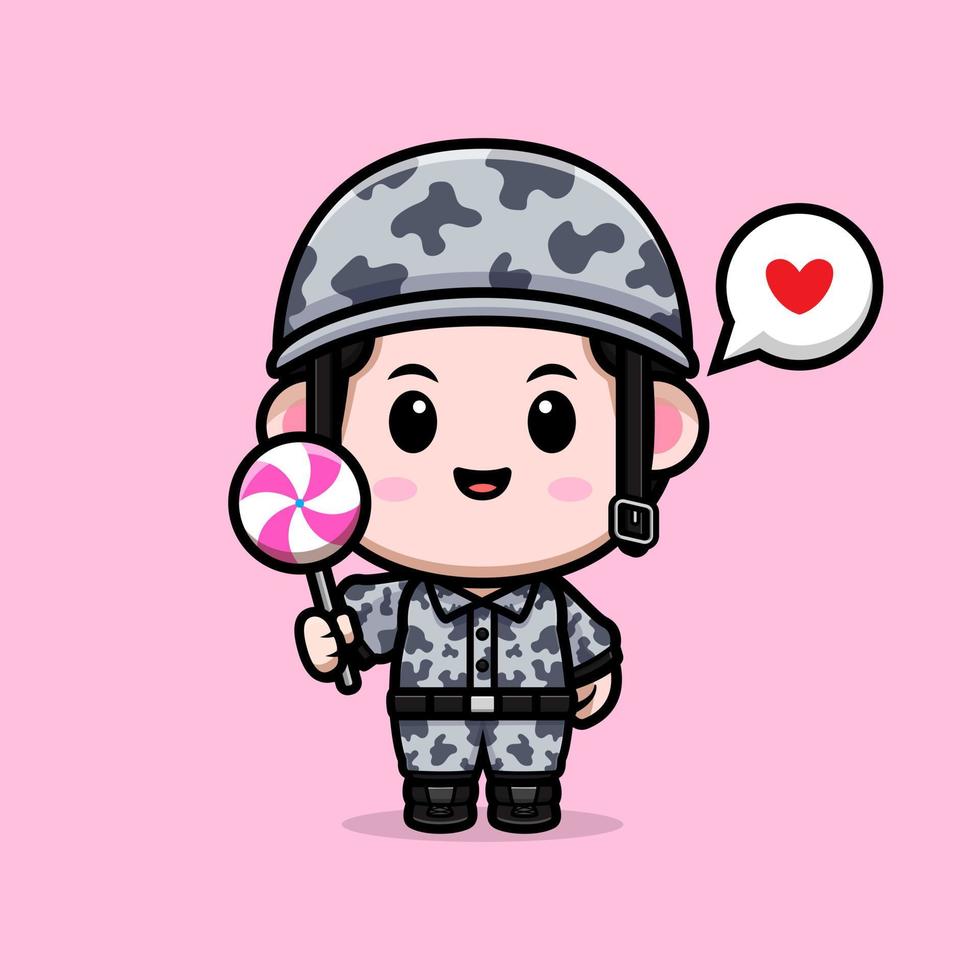 lindo icono de dibujos animados de la mascota del ejército. Ilustración de personaje de mascota kawaii para pegatina, póster, animación, libro para niños u otro producto digital e impreso vector