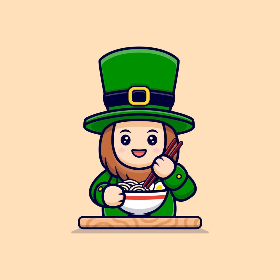 lindo duende comiendo fideos ramen personaje de dibujos animados para el día de san patricio vector