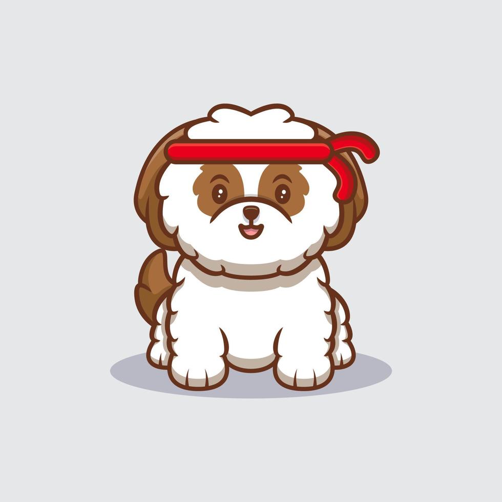 Cute Shih-tzu Puppy Wearing Red Headband Cartoon Icon Illustration vector