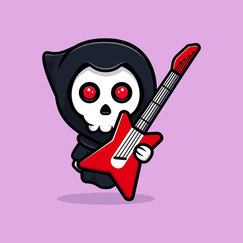 Grim reaper with guitar. Cute mascot illustration vector