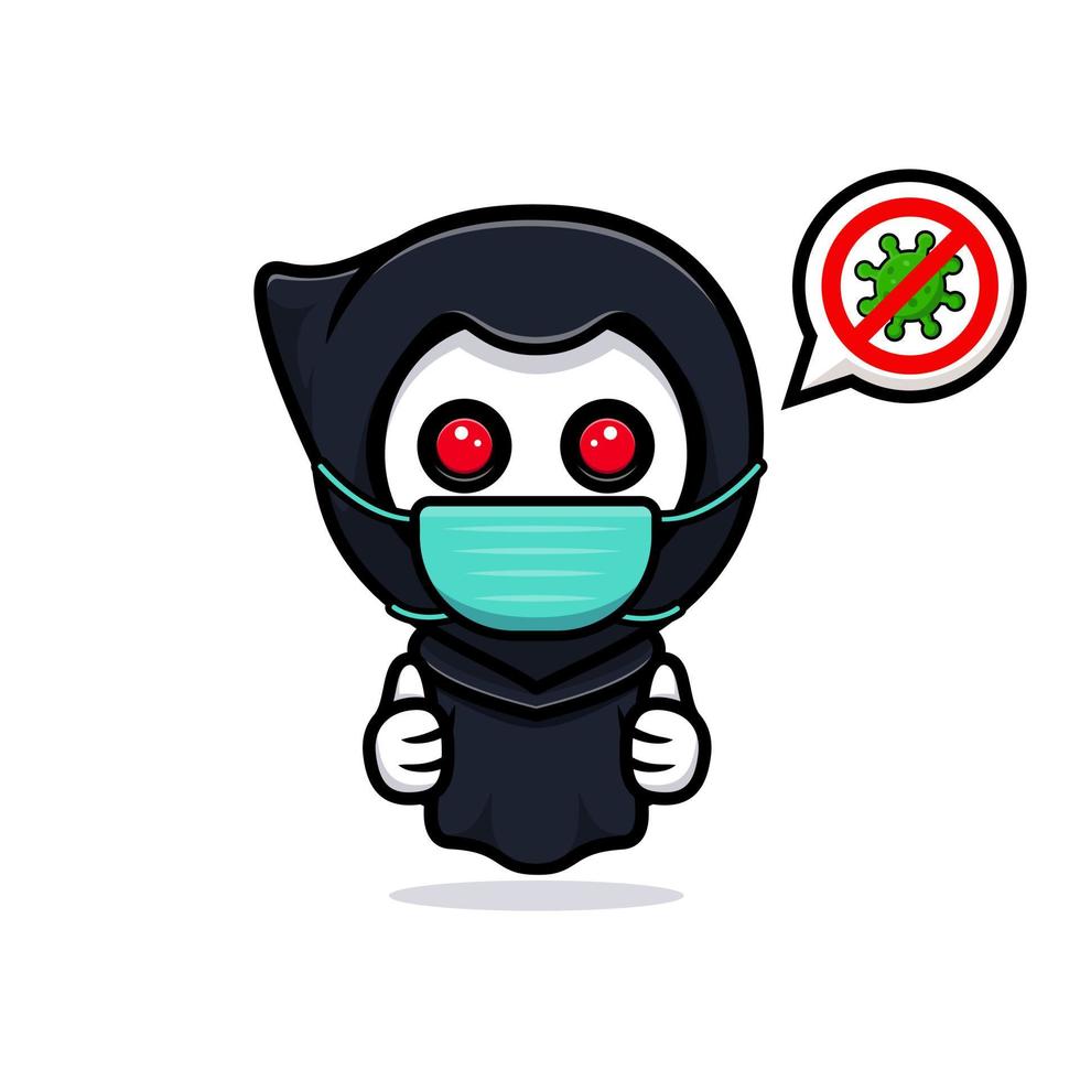 Grim reaper wearing mask to prevention virus. Cute mascot illustration vector