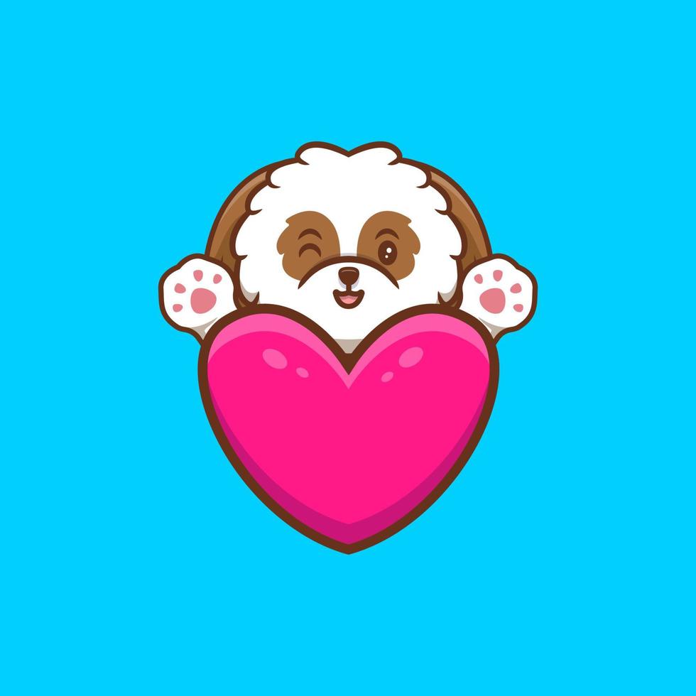 Cute Shih-tzu Puppy Waving Paws Behind Heart Cartoon Icon Illustration vector