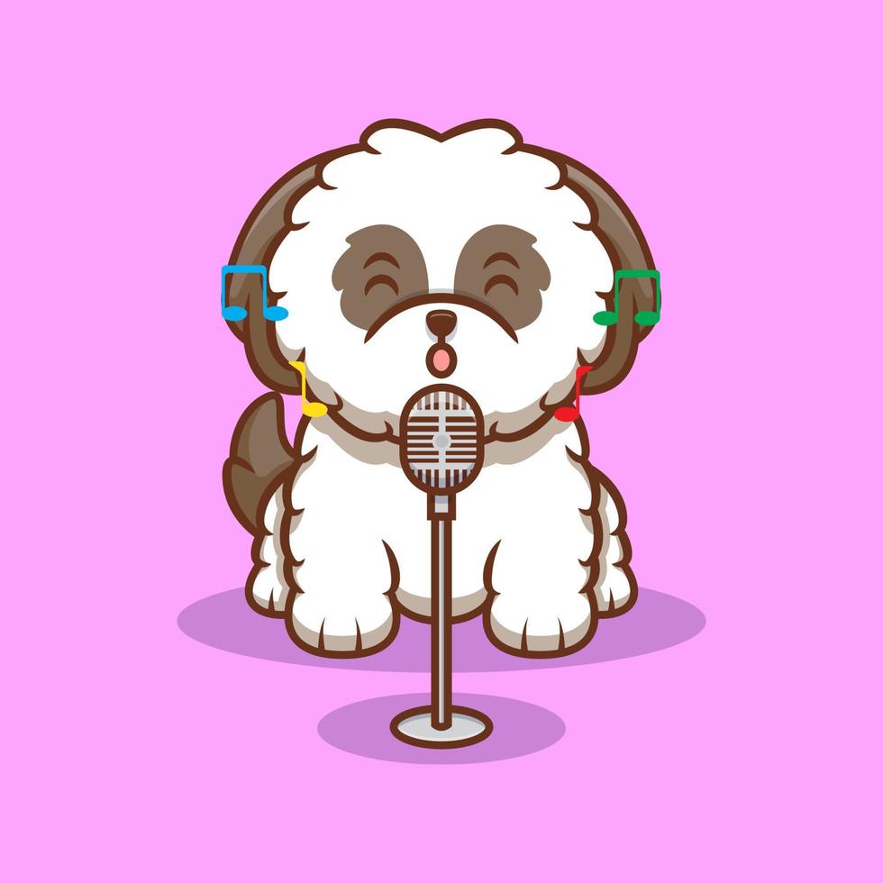 Cute Shih-tzu Puppy Sing a Song Cartoon Icon Illustration vector