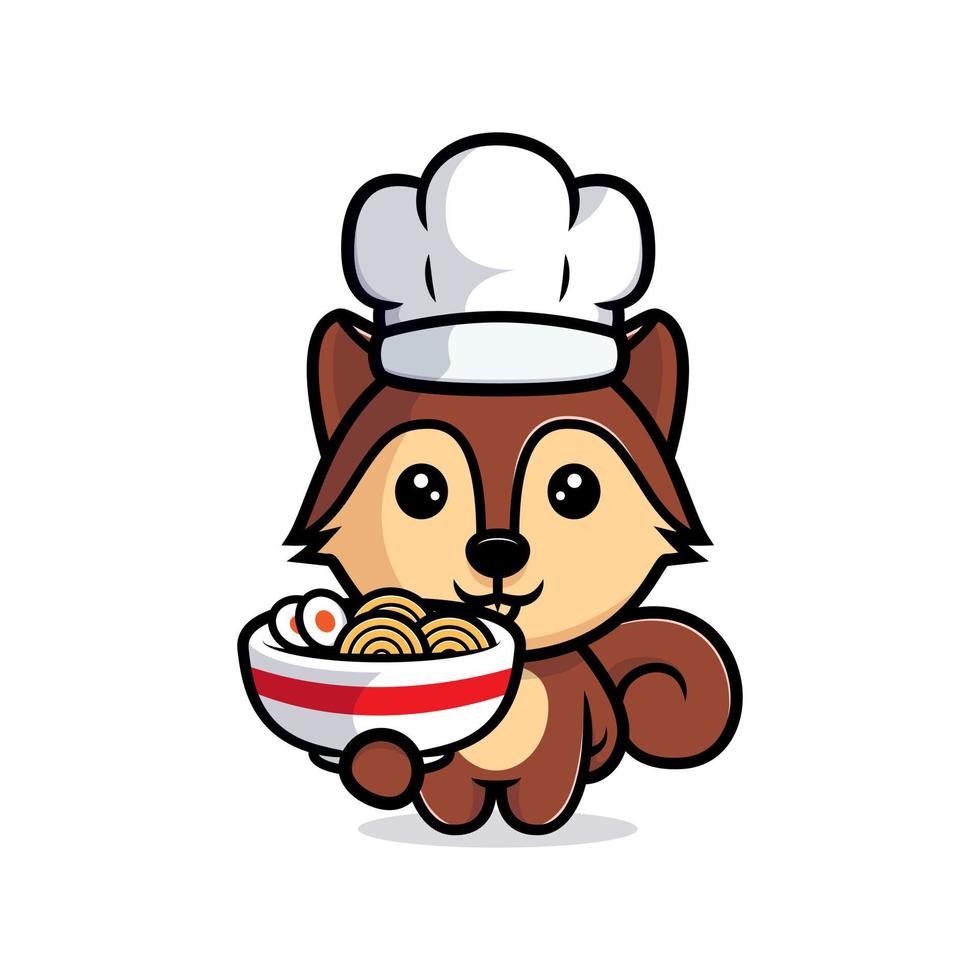 Cute squirrel chef with ramen noodle mascot character. Animal icon illustration vector