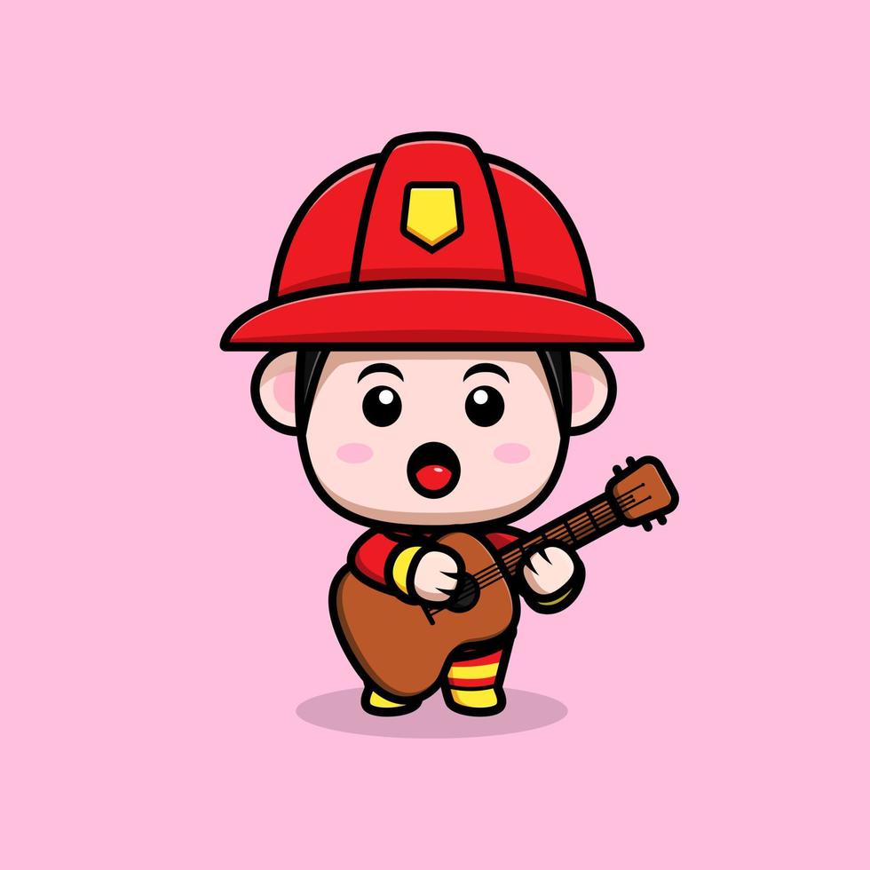 Lindo icono de dibujos animados de mascota de bombero. Ilustración de personaje de mascota kawaii para pegatina, póster, animación, libro para niños u otro producto digital e impreso vector