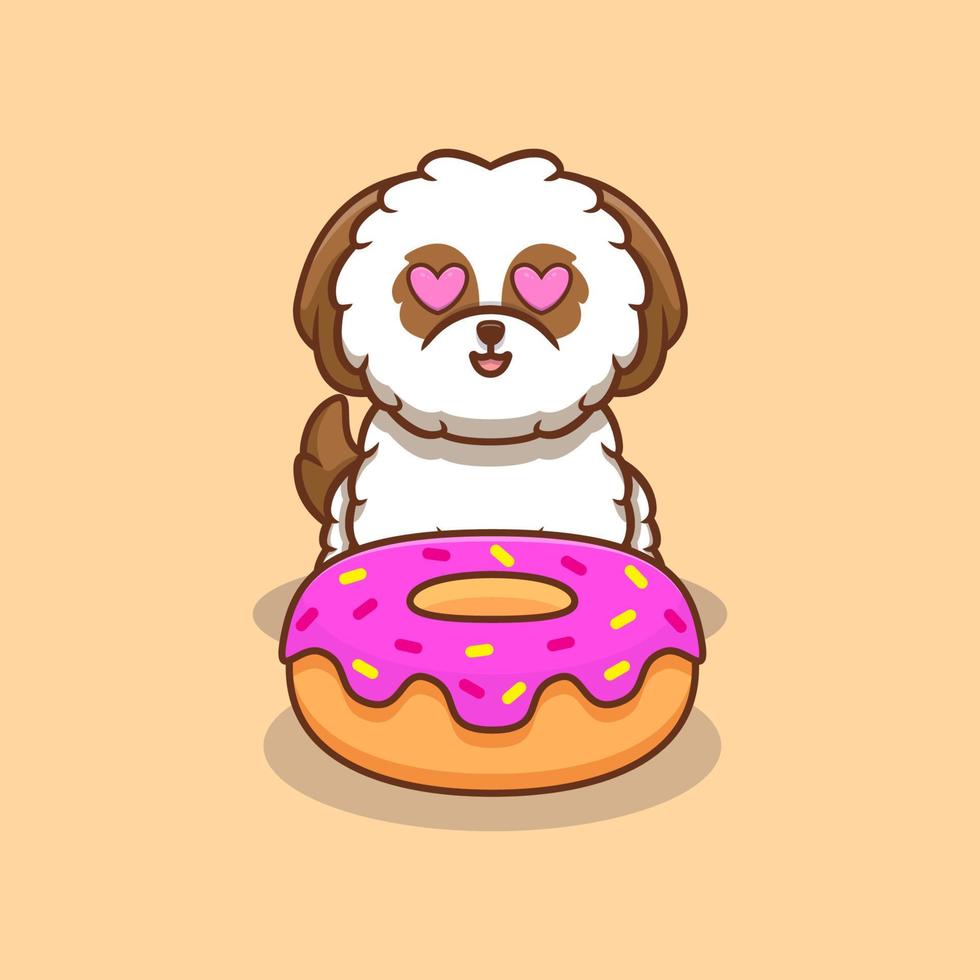 Cute Shih-tzu Puppy Loves Donut Cartoon Icon Illustration vector