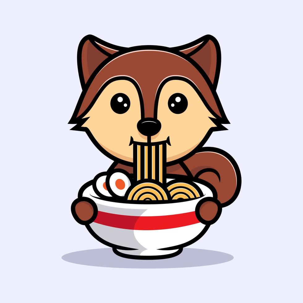 Cute squirrel eating ramen mascot character. Animal icon illustration vector