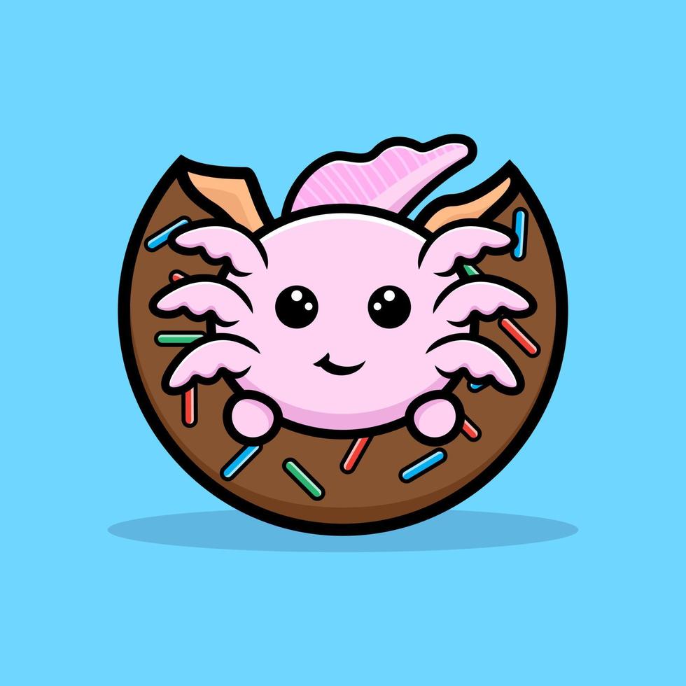 lindo oxolotl comiendo donut personaje de dibujos animados vector