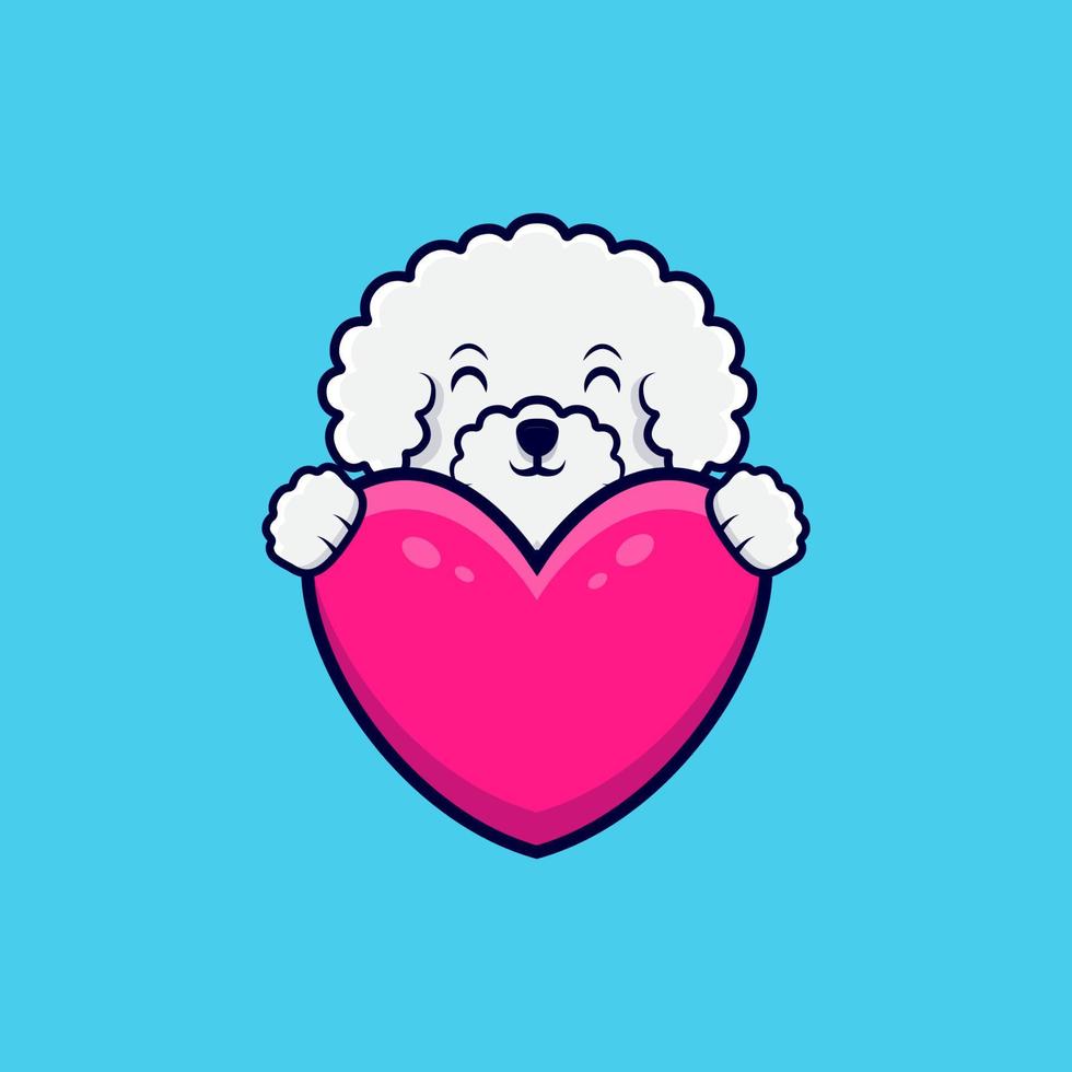 Lindo perro bichon frise con ilustración de icono de dibujos animados de corazón rosa vector