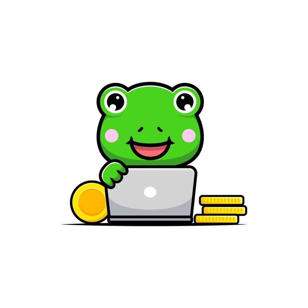 Design of cute frog with computer and gold coins vector