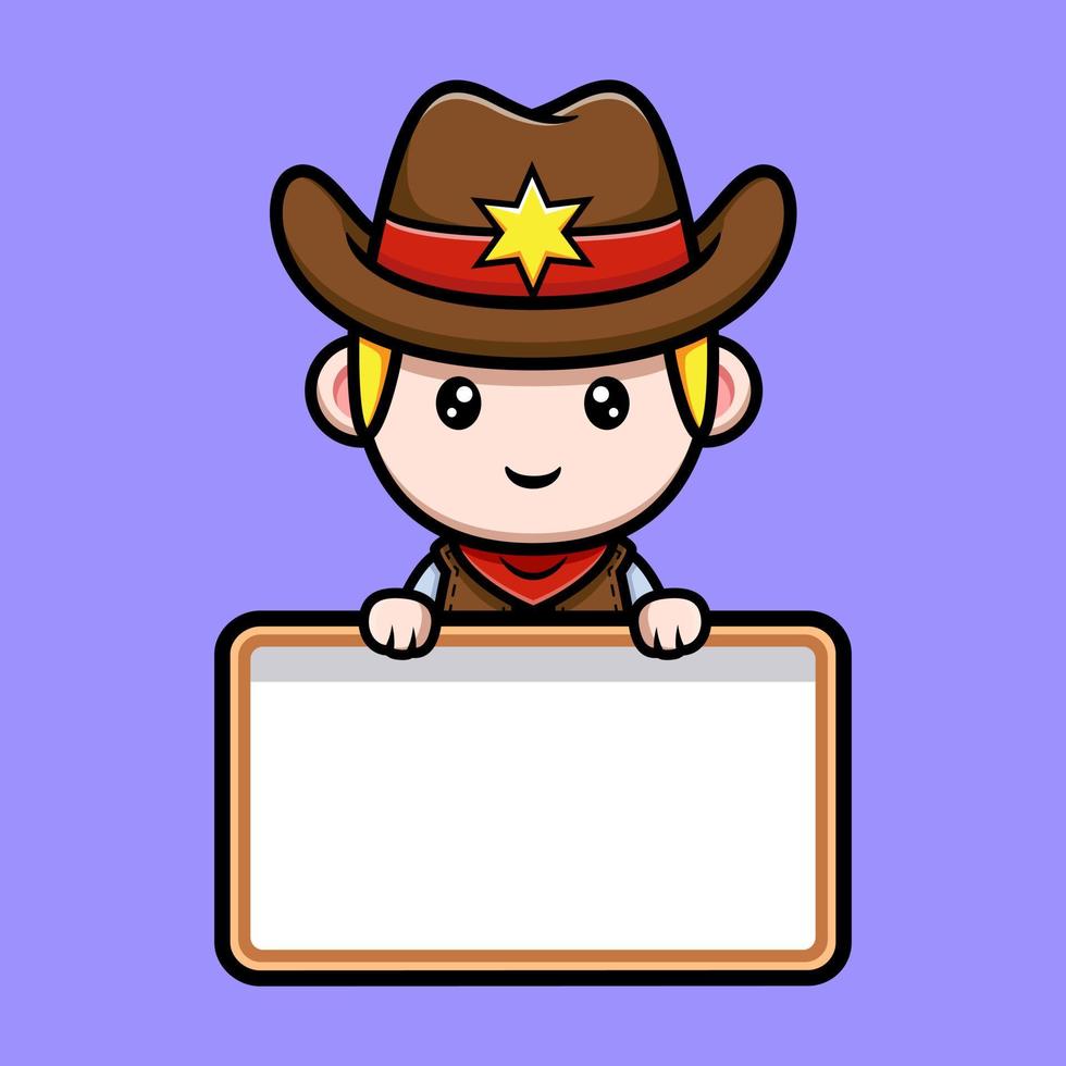 cute little cowboy  holding blank text board mascot illustration vector