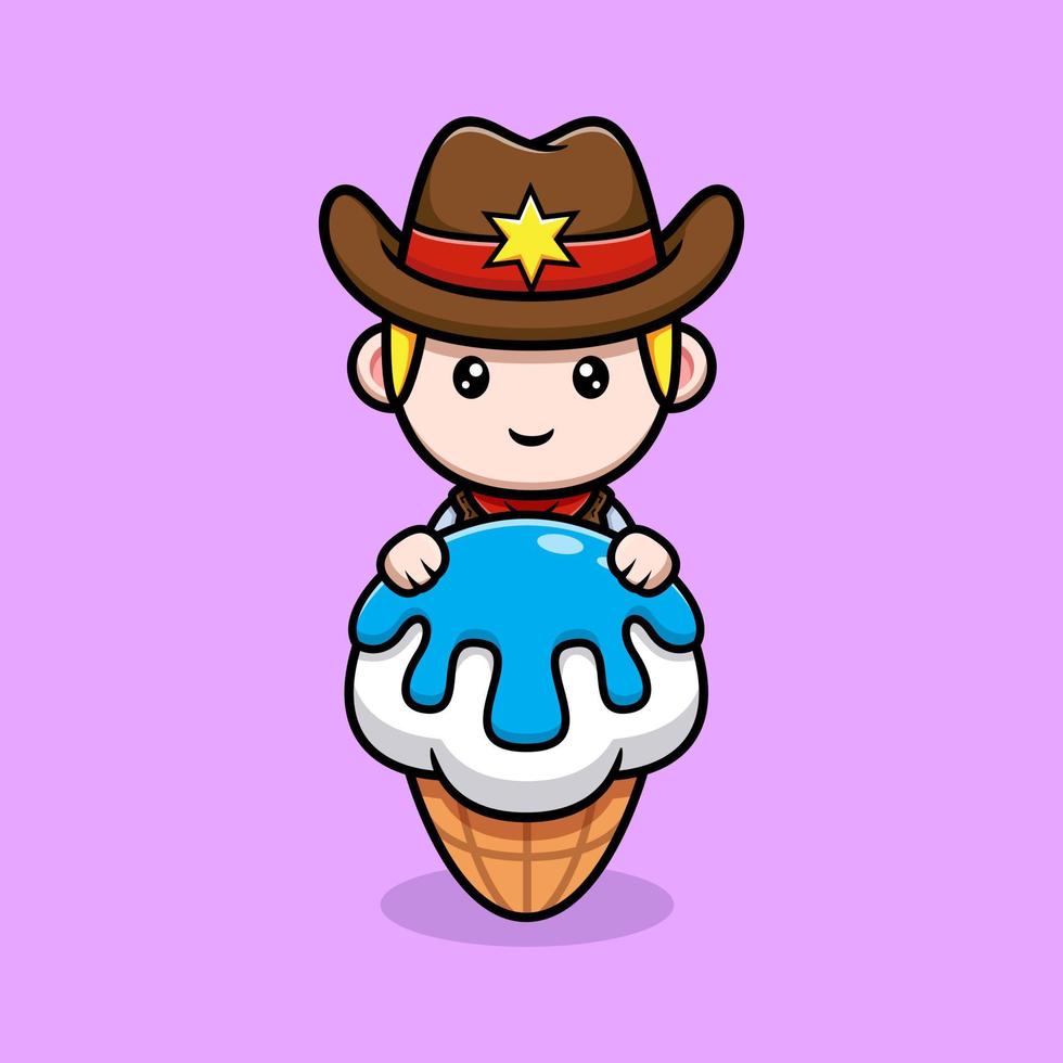 cute cowboy hug ice cream cartoon illustration vector