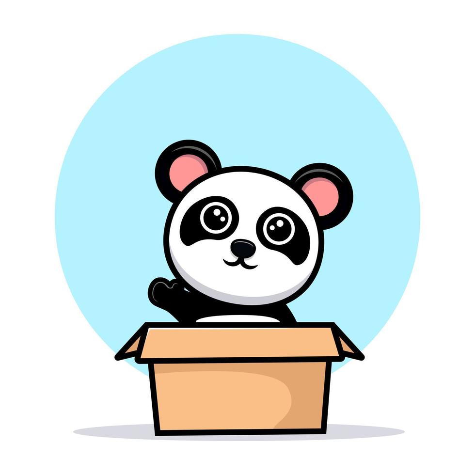 Lindo panda agitando la mano de la mascota de dibujos animados de caja vector