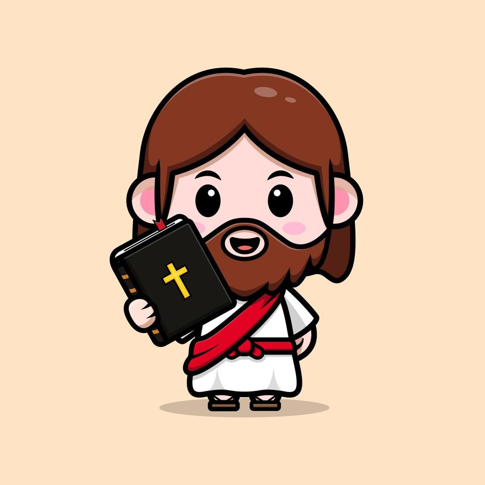 Lindo icono de dibujos animados de la mascota de Jesucristo. Ilustración de personaje de mascota kawaii para pegatina, póster, animación, libro para niños u otro producto digital e impreso vector