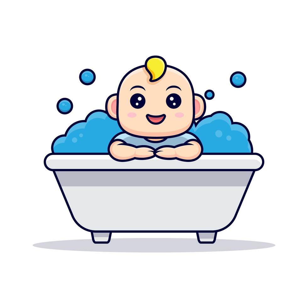 Cute Baby Take A Bath Inside Bathtub. Flat Icon Character Illustration vector