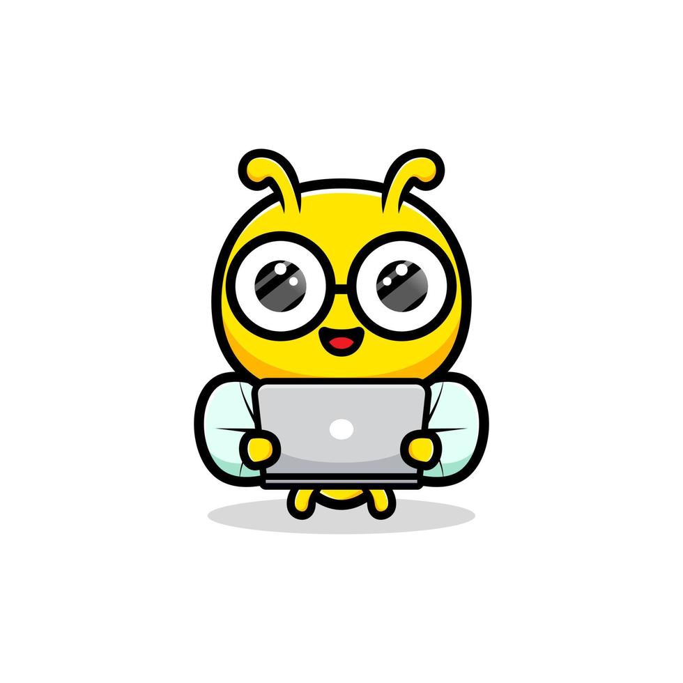 Design of cute honey bee holding computer. animal mascot character vector