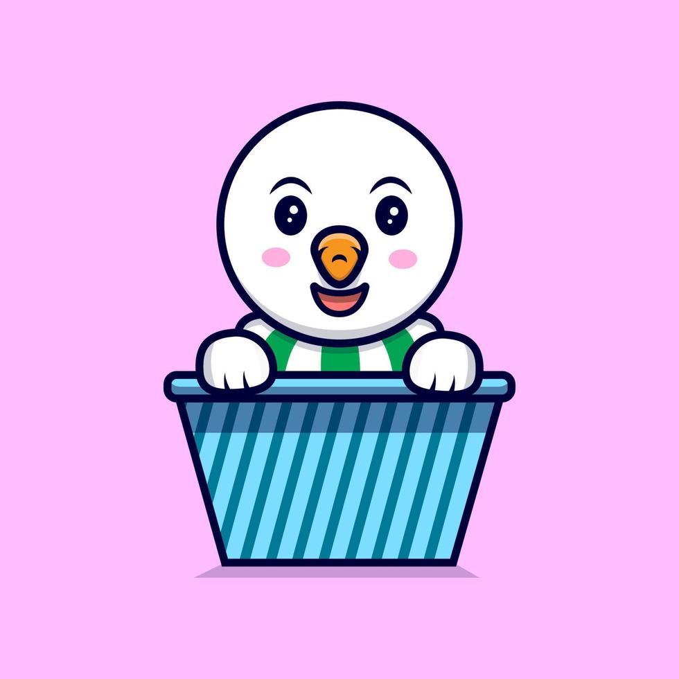 Cute Snowman Sitting Inside Box Mascot Cartoon Vector Illustration.