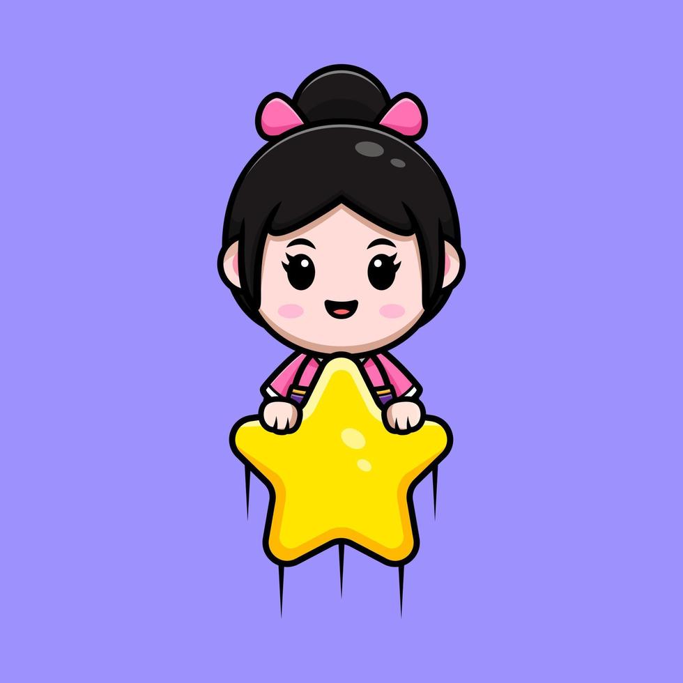 Linda chica con icono de dibujos animados de mascota de kimono. Ilustración de personaje de mascota kawaii para pegatina, póster, animación, libro para niños u otro producto digital e impreso vector