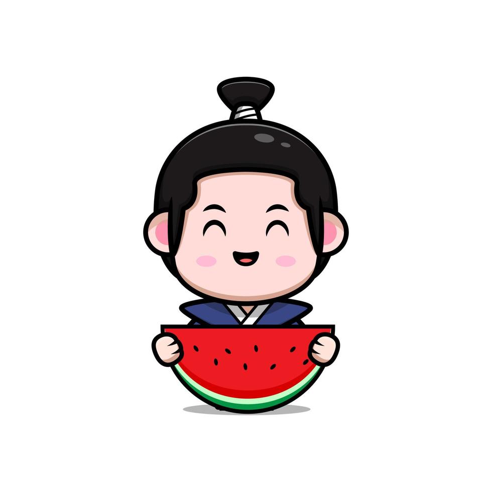 cute samurai boy mascot cartoon icon. kawaii mascot character illustration for sticker, poster, animation, children book, or other digital and print product vector