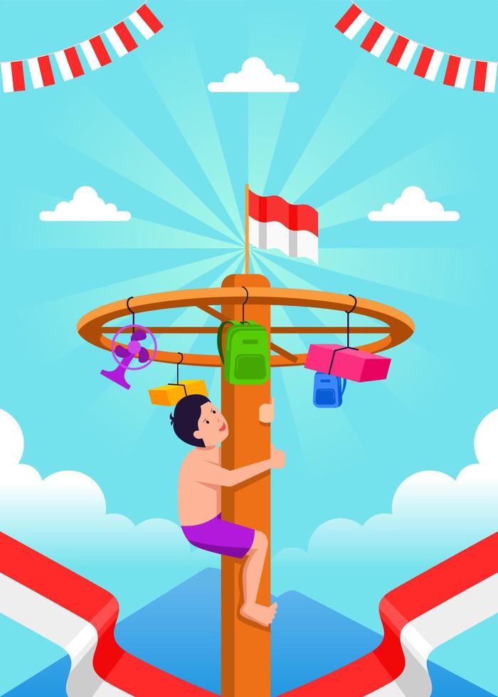 Indonesian Independence Day celebration with the traditional game of panjat pinang. pole climbing vector