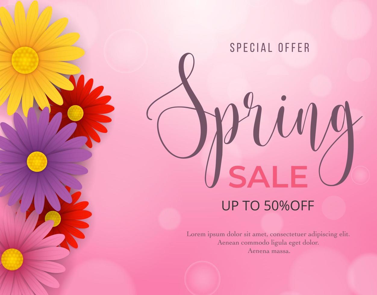 Spring sale background with beautiful pink, yellow, red and purple flowers vector