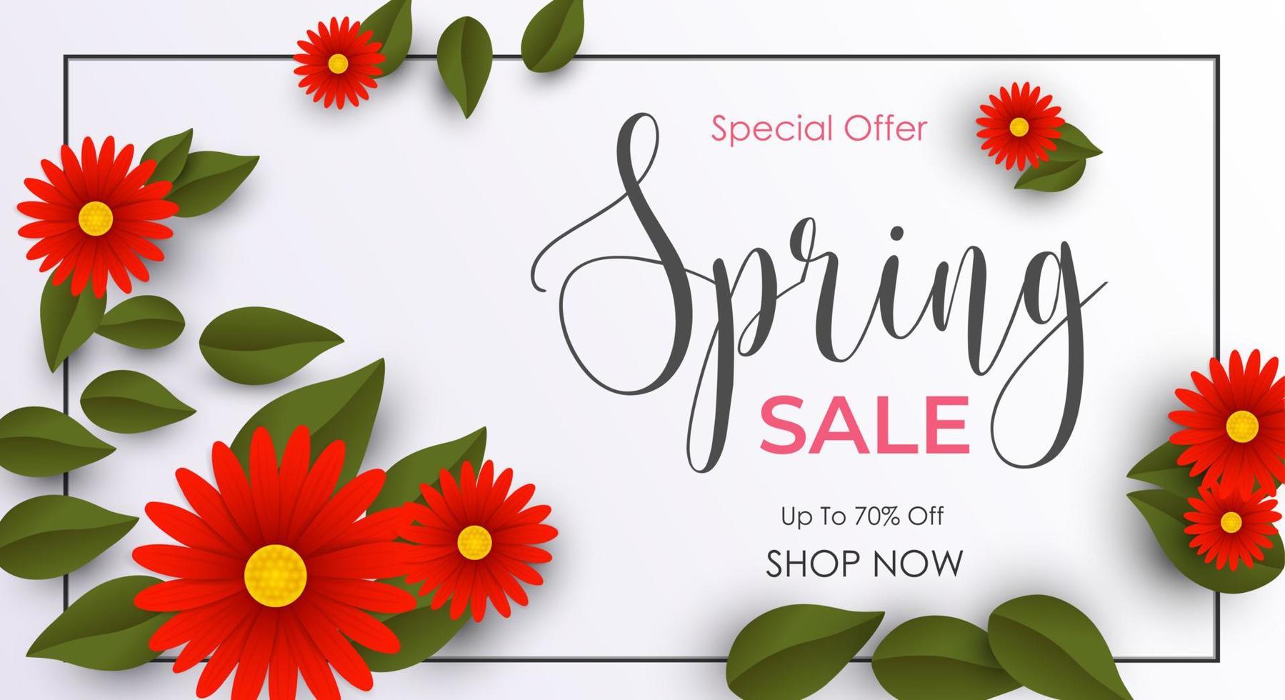 Spring sale background with beautiful red flowers and green leaves vector