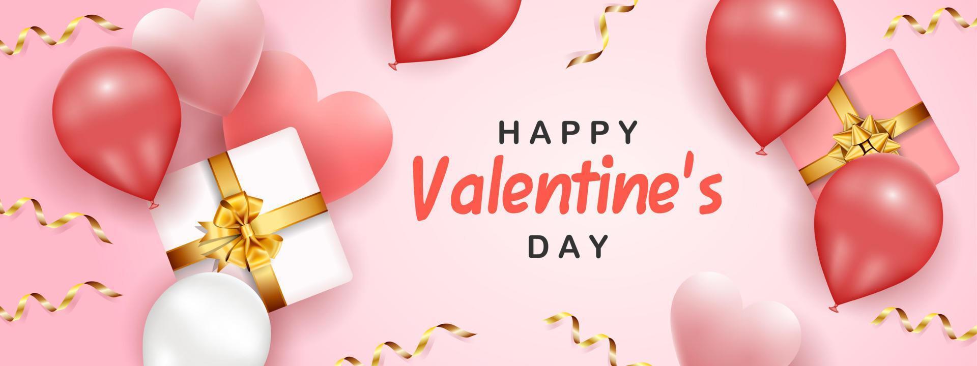 Happy Valentine's Day banner template with pink hearts, gift boxes, gold confetti, and red balloons on pink background vector
