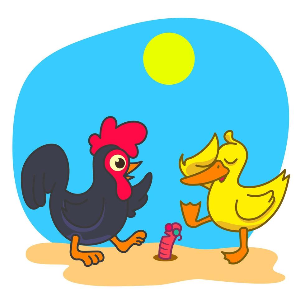 imagen vectorial de pollo, pato y gusano hablando en un caluroso día de verano. vector