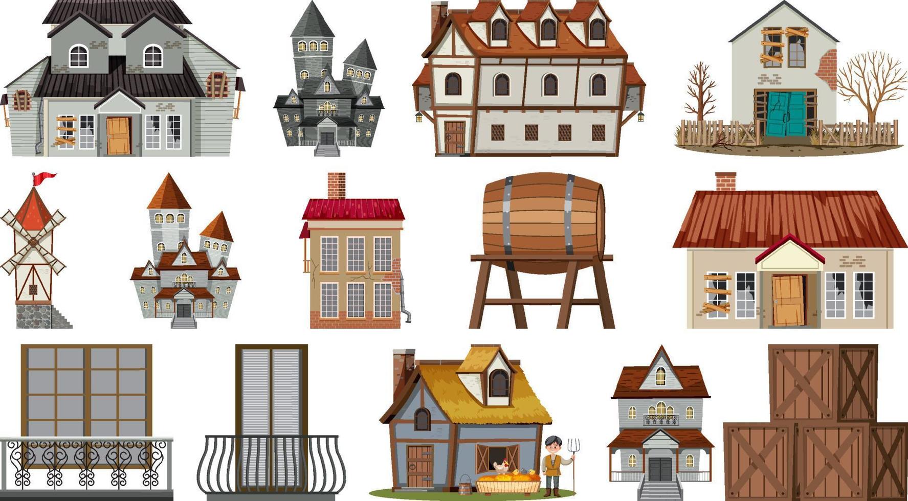 Set of abandoned houses and buildings vector