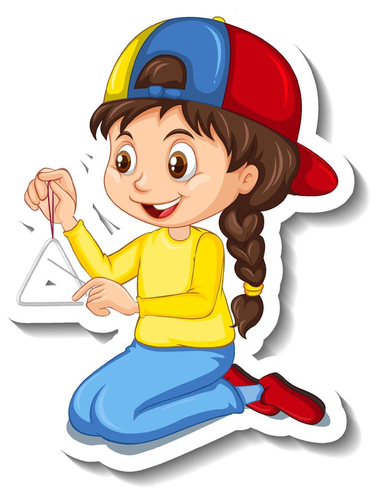 A girl playing triangle cartoon character sticker vector