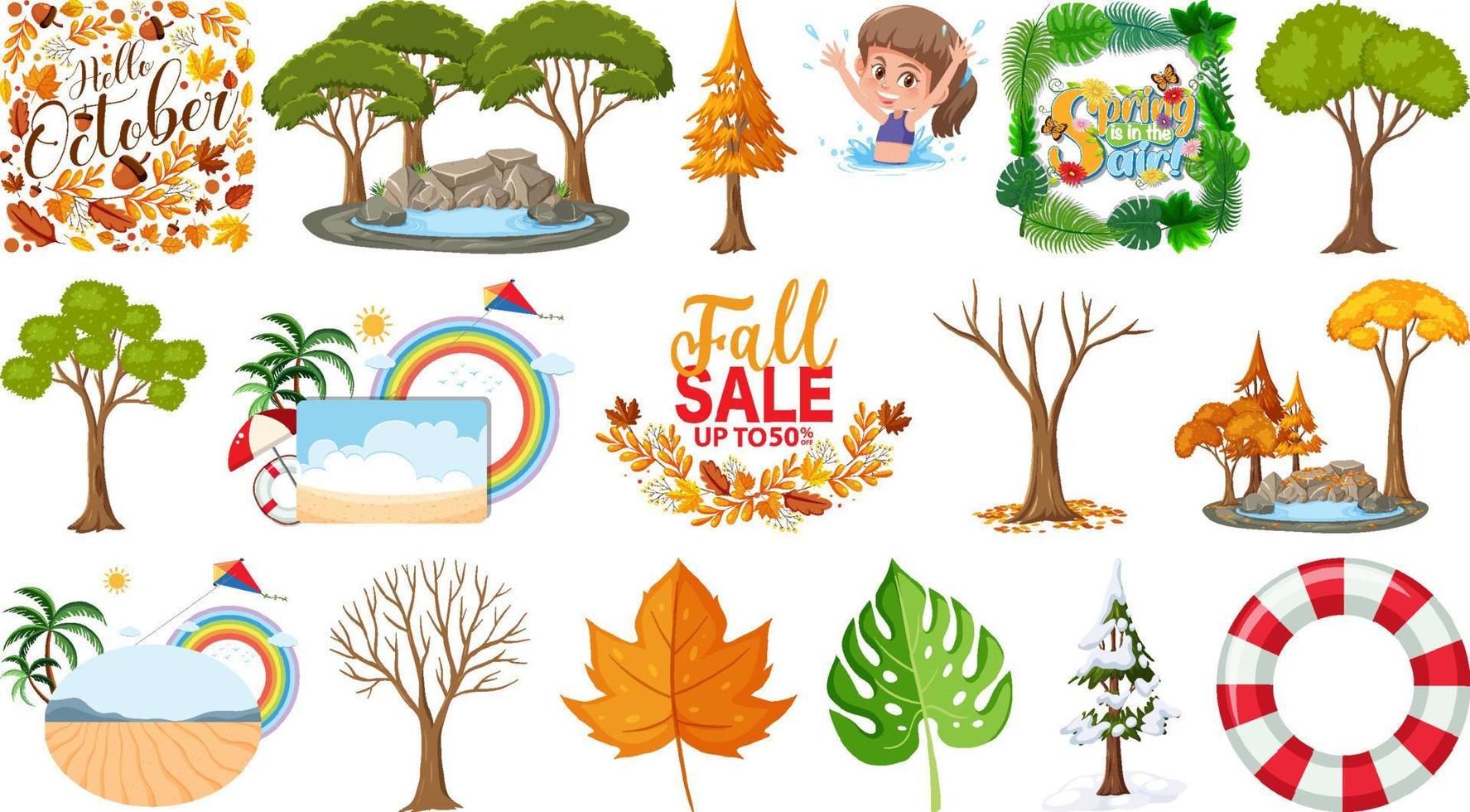 Set of four seasons trees and nature objects vector