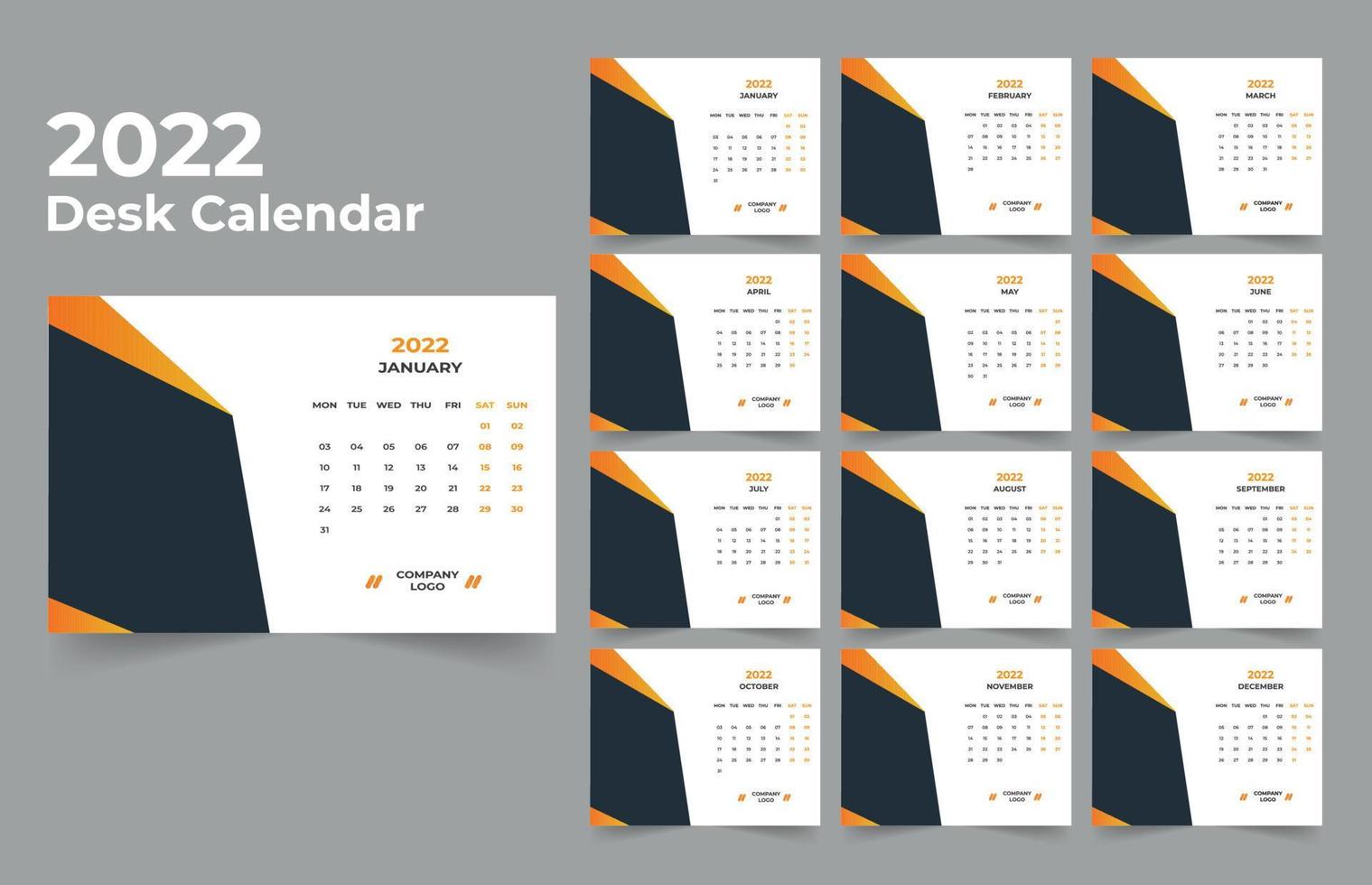 2022 Desk Calendar planner .Week starts on Monday. template for annual calendar 2022 . vector