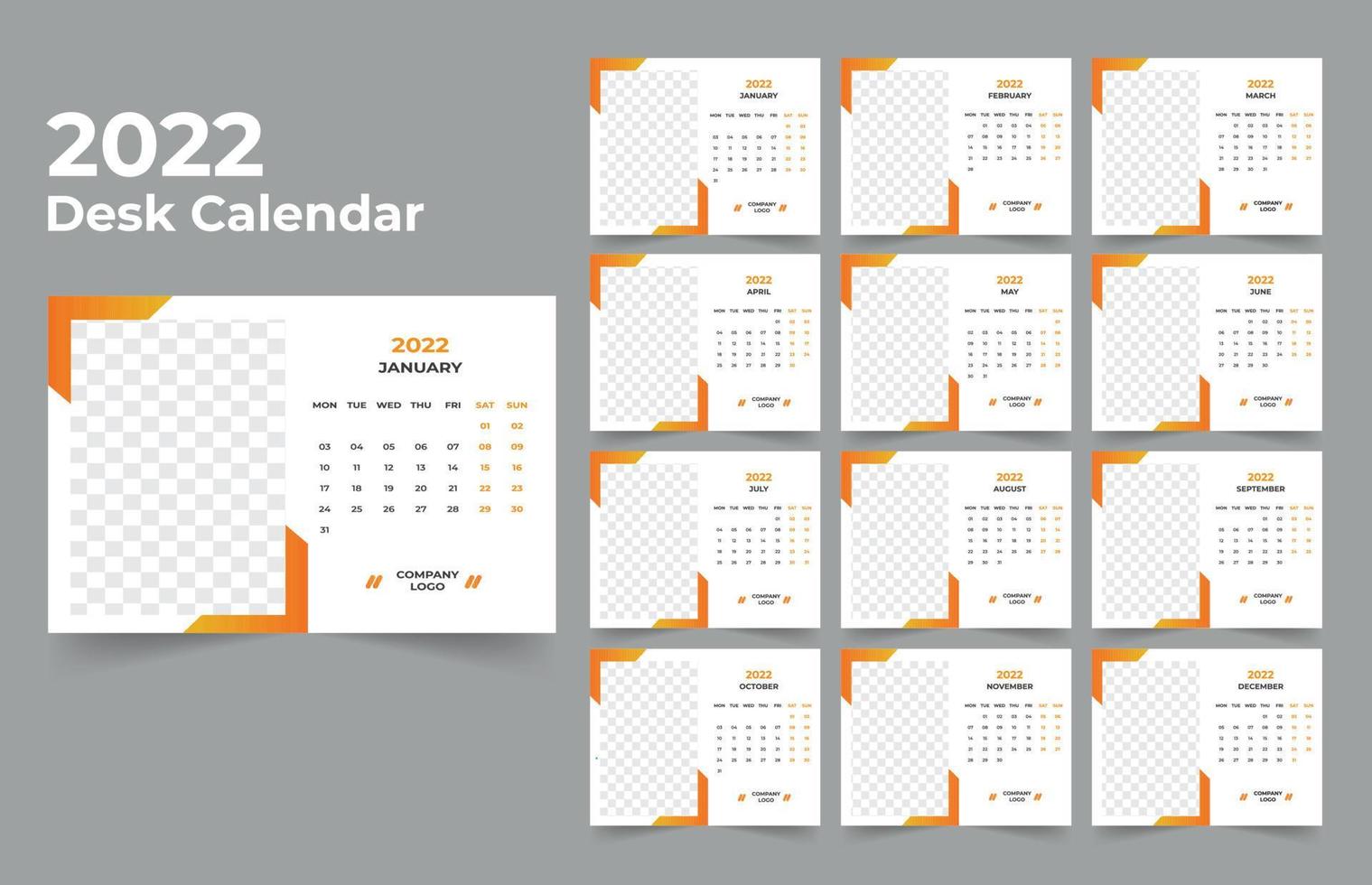 2022 planificador de calendario de escritorio. La semana comienza el lunes. plantilla para el calendario anual 2022. vector