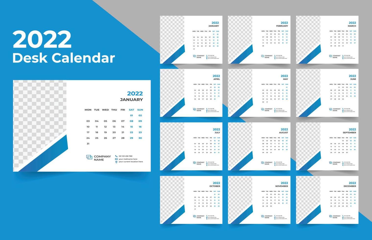 2022 planificador de calendario de escritorio. La semana comienza el lunes. plantilla para el calendario anual 2022. vector