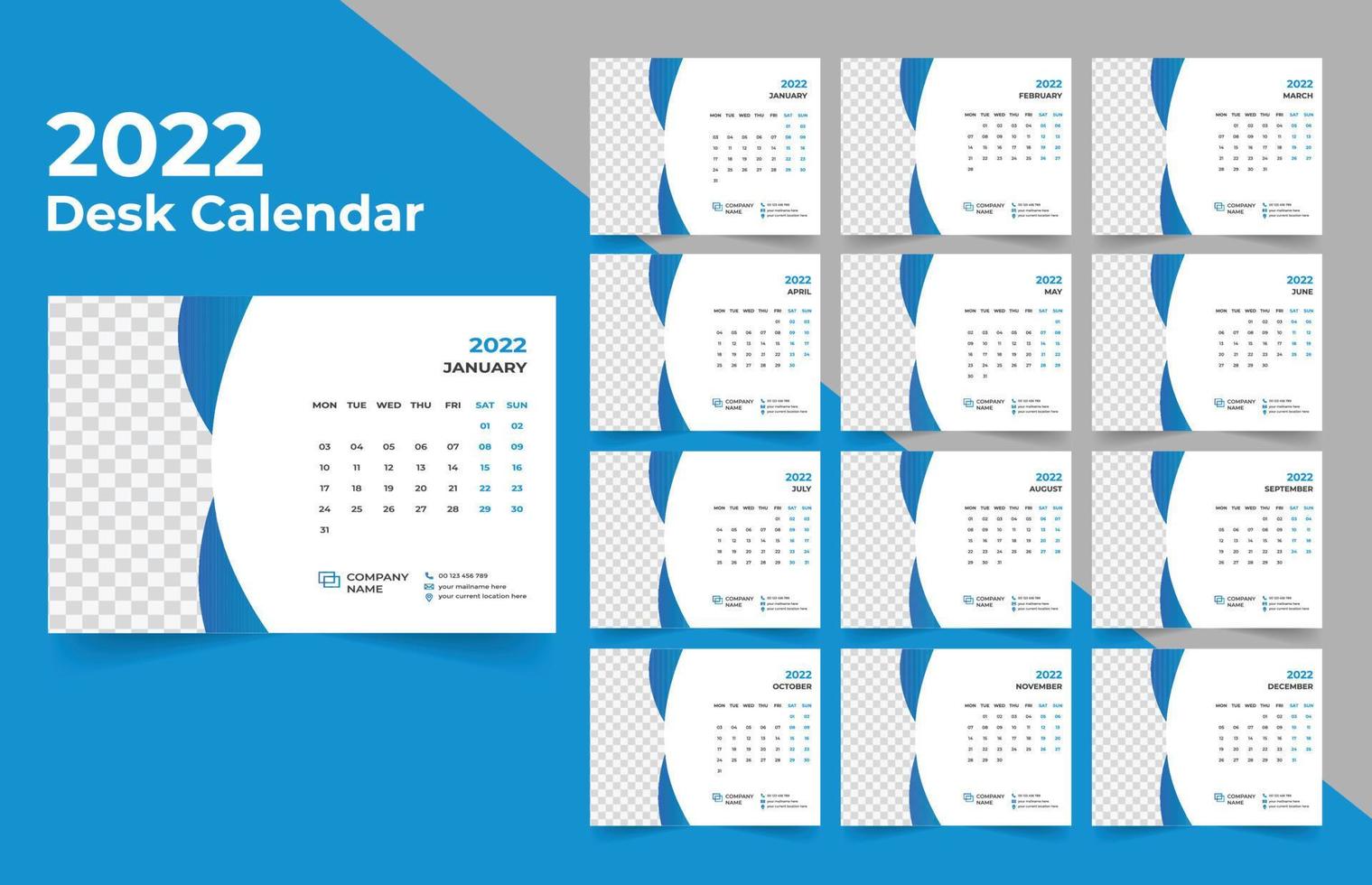 2022 Desk Calendar planner .Week starts on Monday. template for annual calendar 2022 . vector