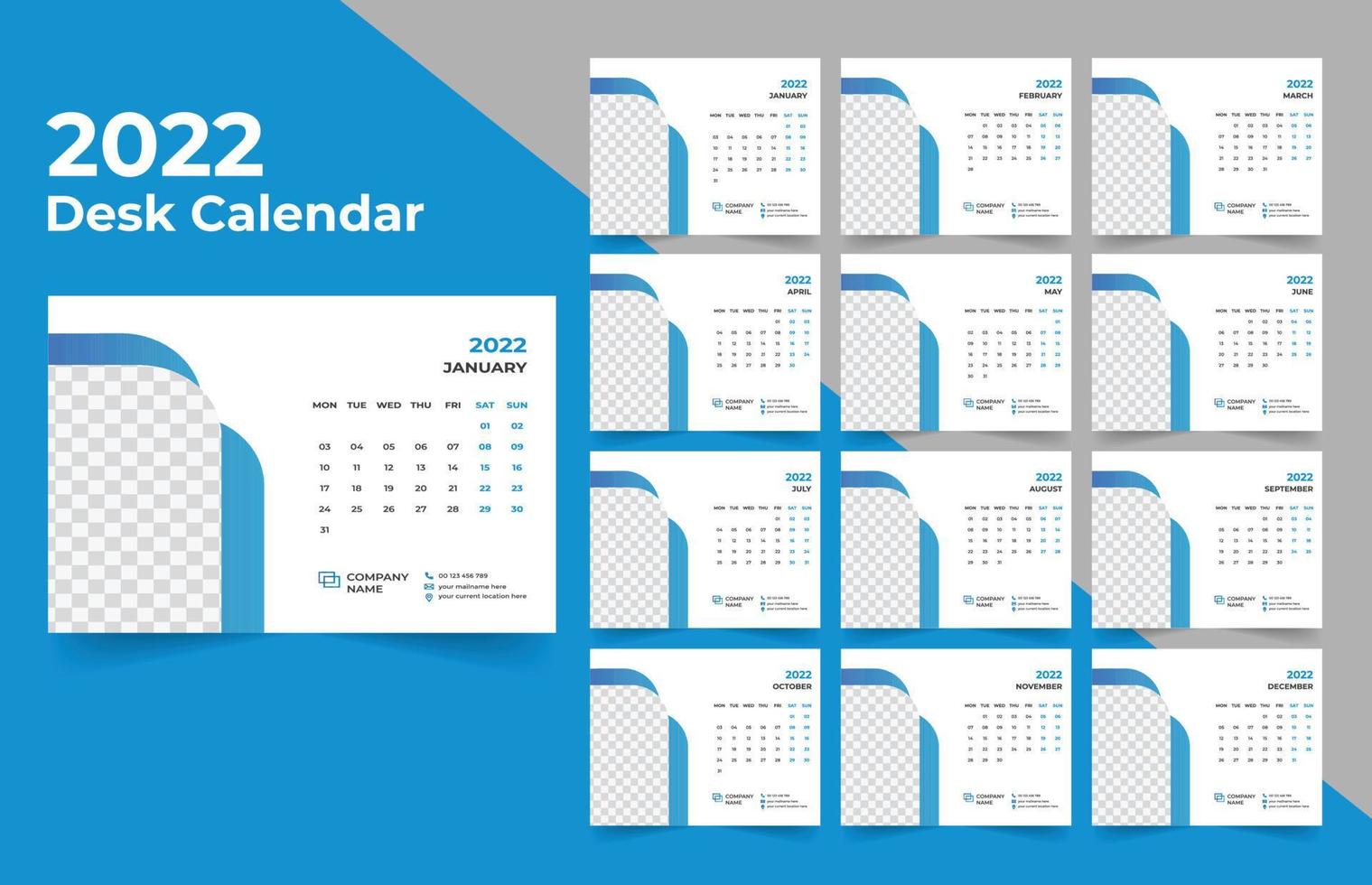 2022 Desk Calendar planner .Week starts on Monday. template for annual calendar 2022 . vector