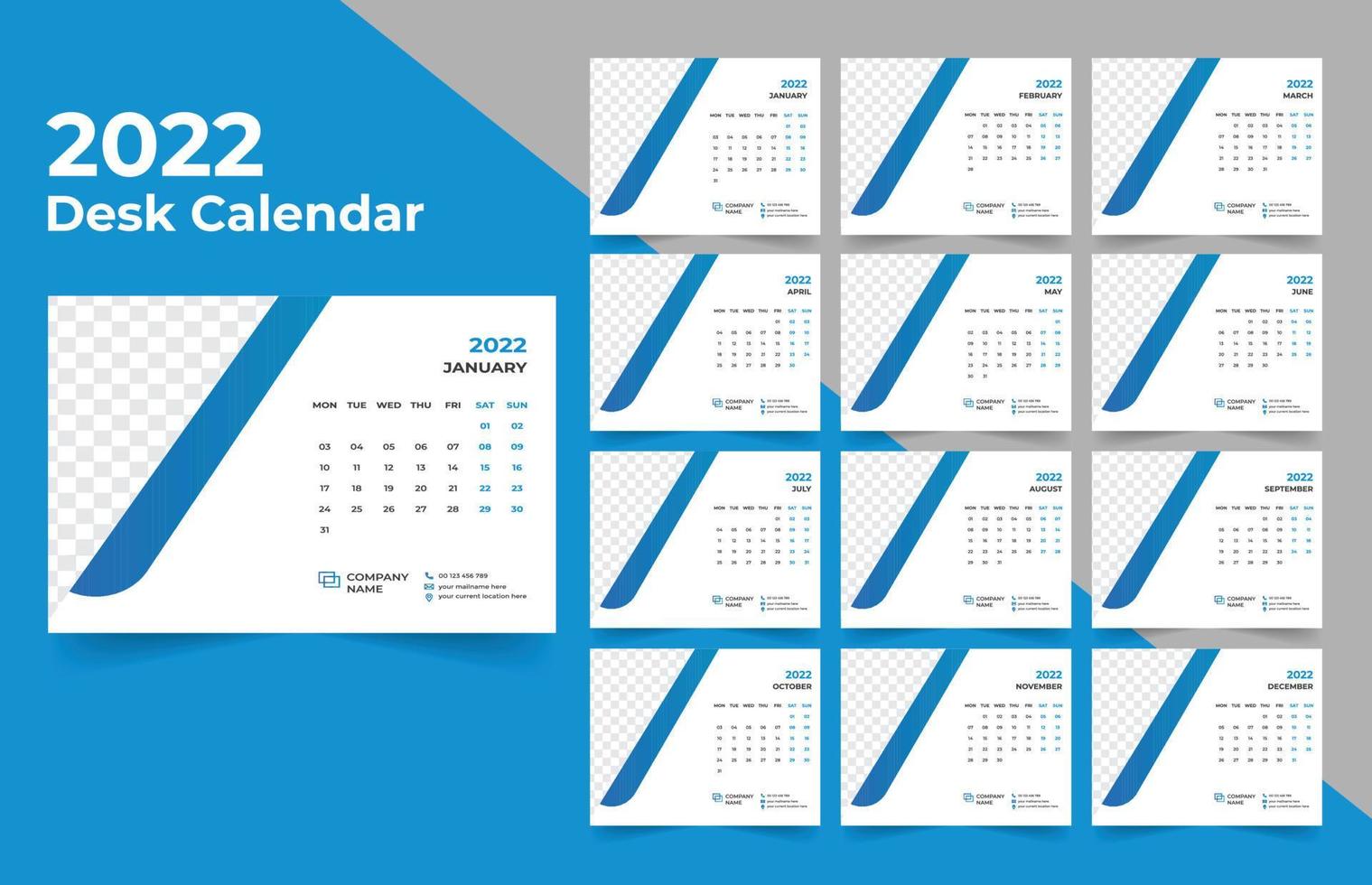 2022 Desk Calendar planner .Week starts on Monday. template for annual calendar 2022 . vector