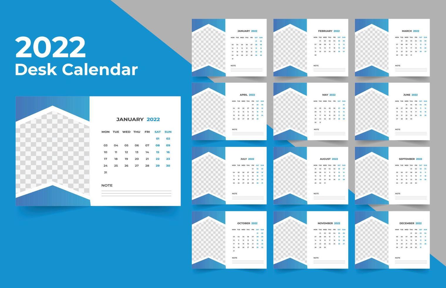 Desk calendar design 2022. Week starts on Monday. template for annual calendar 2022 vector