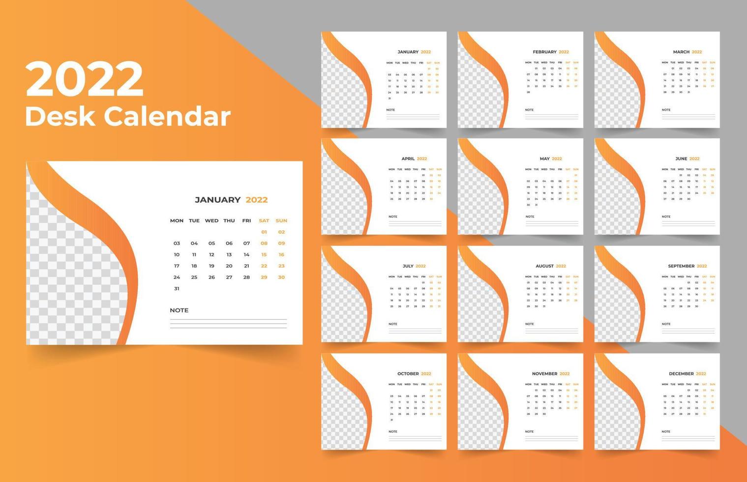 diseño de calendario de escritorio 2022. La semana comienza el lunes. plantilla para calendario anual 2022 vector