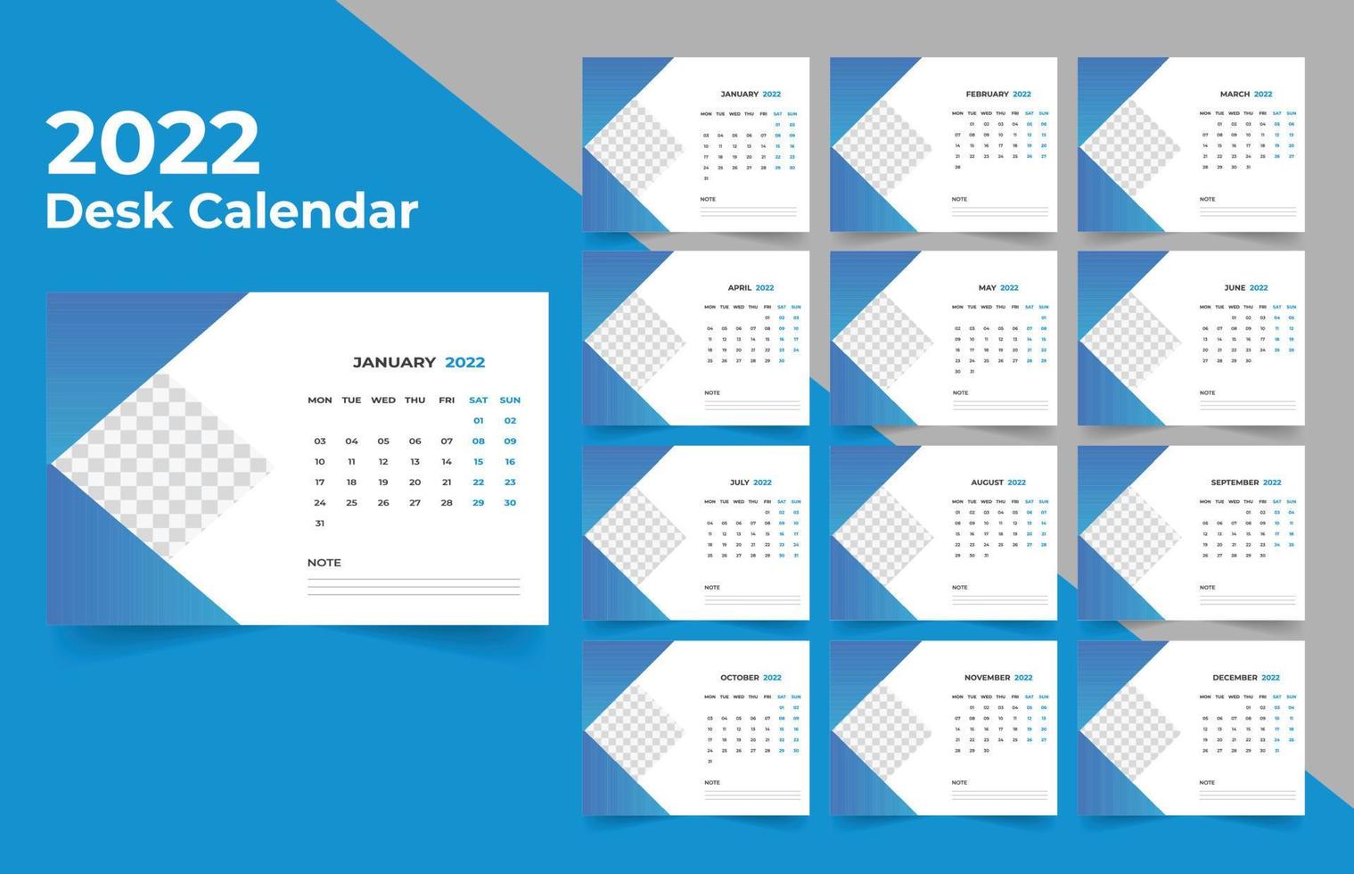 diseño de calendario de escritorio 2022. La semana comienza el lunes. plantilla para calendario anual 2022 vector